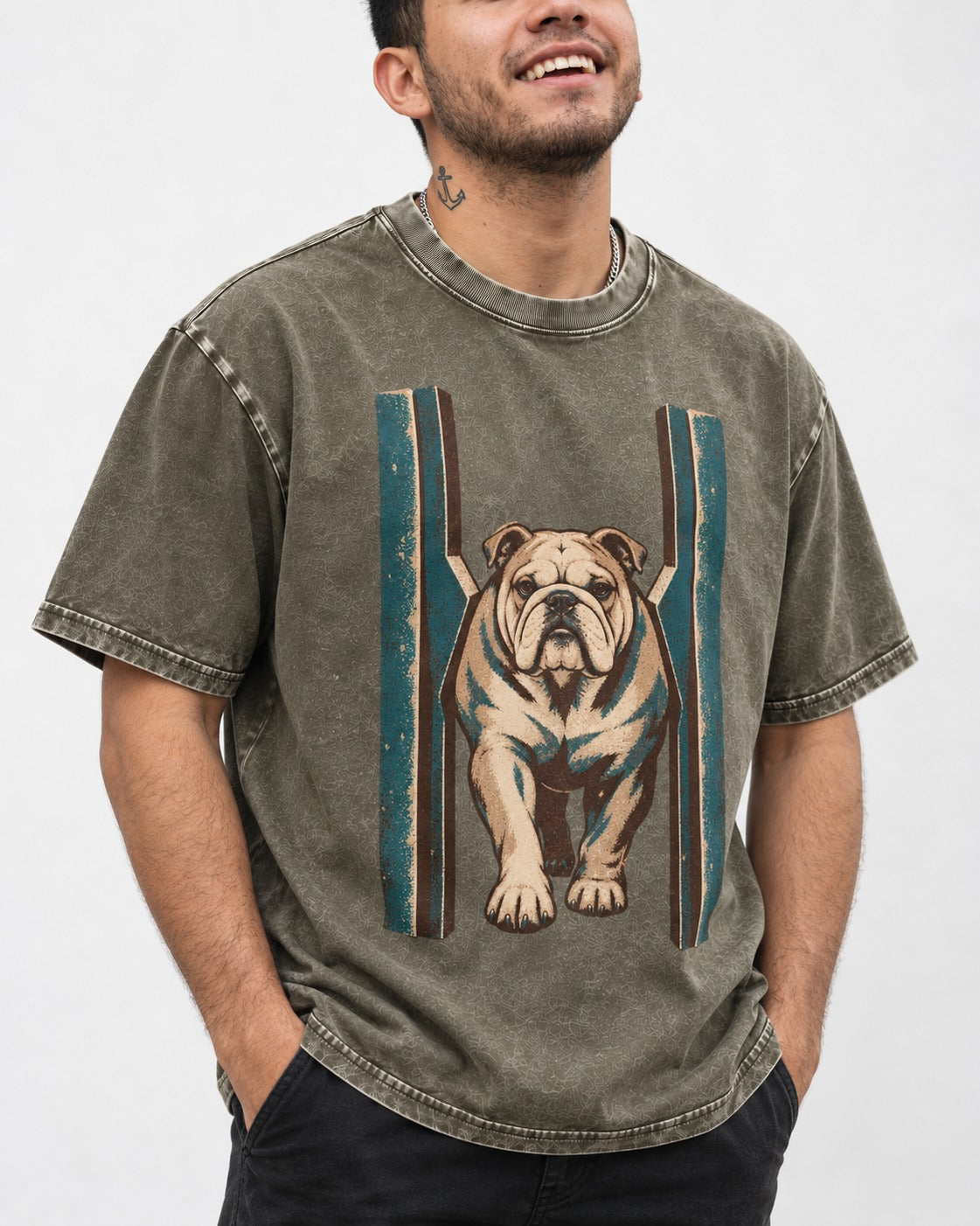English Bulldog Walking Through Teal Gate Graphic Washed Tee in Army Green, worn by a model, front view