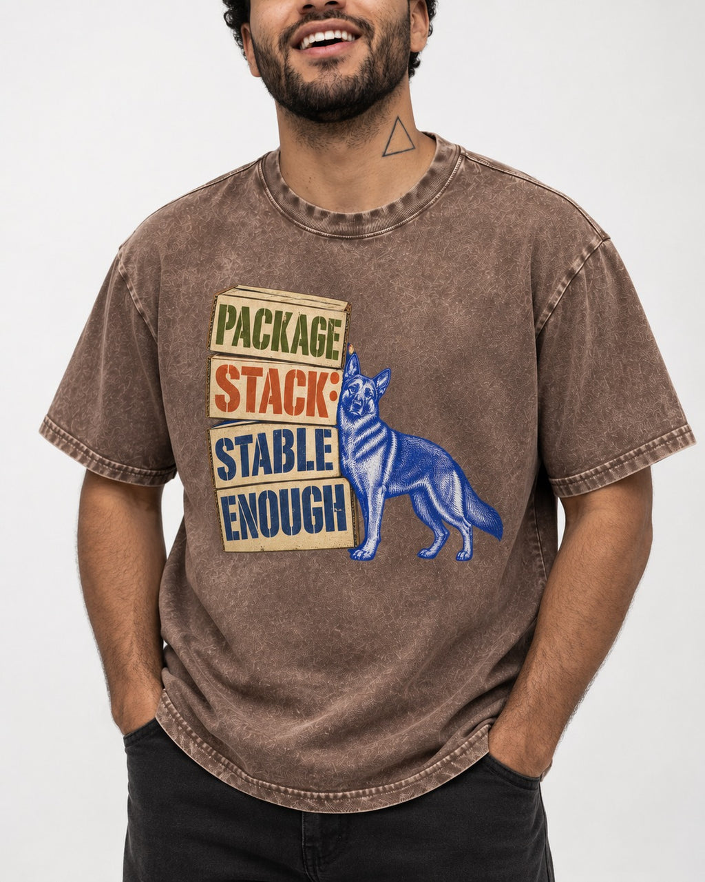 Package Stack Stable Enough German Shepherd Dog Washed Tee in Coffee, worn by a model, front view