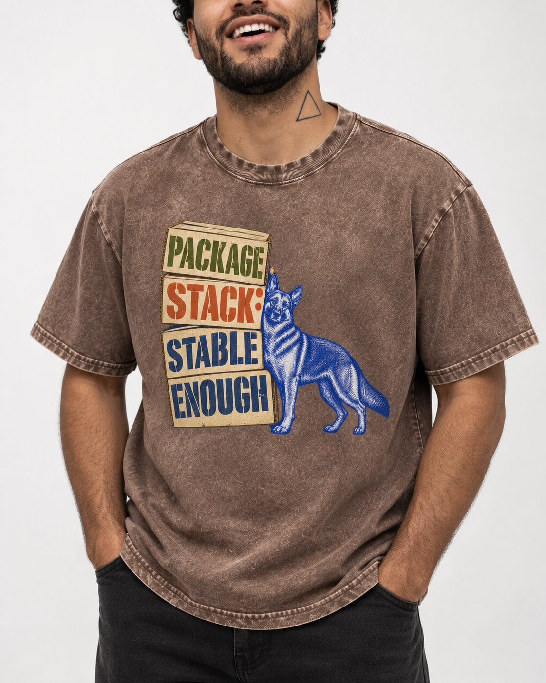 Package Stack Stable Enough German Shepherd Dog Washed Tee in Coffee, worn by a model, front view