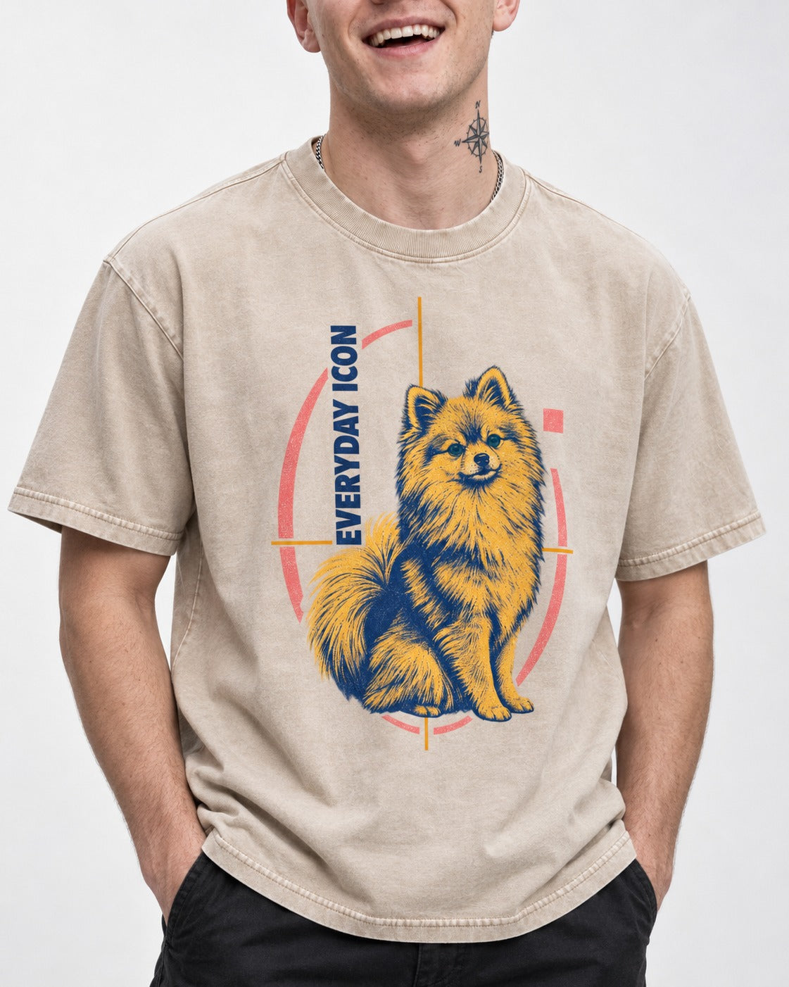 Pomeranian Everyday Icon Washed Tee in Apricot, worn by a model, front view