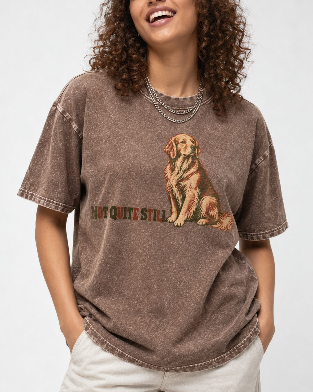 Golden Retriever Not Quite Still Washed Tee in Coffee, worn by a model, front view