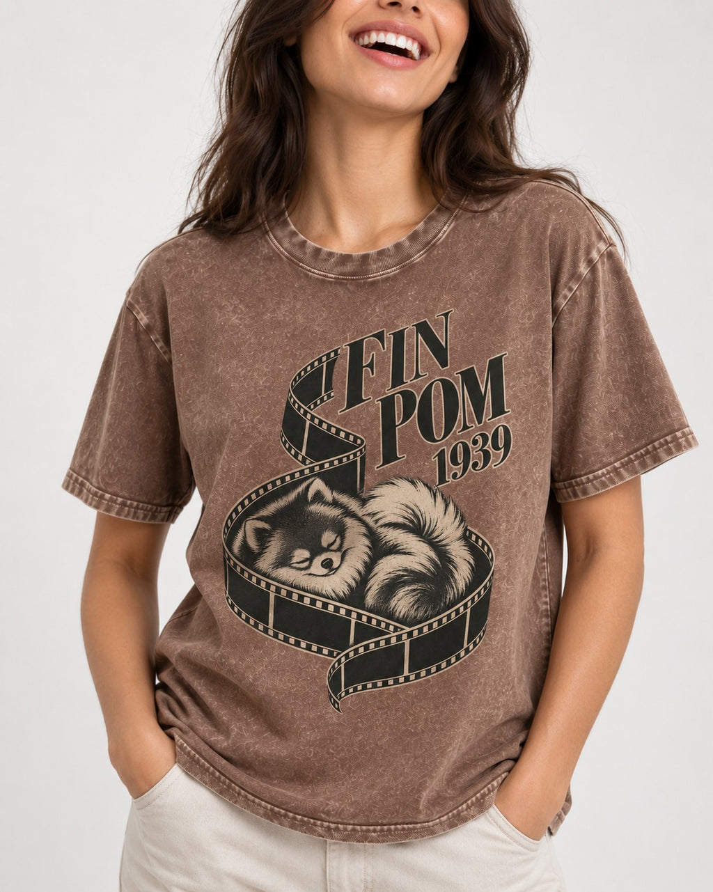 Fin Pomeranian Washed Tee in Coffee, worn by a model, front view