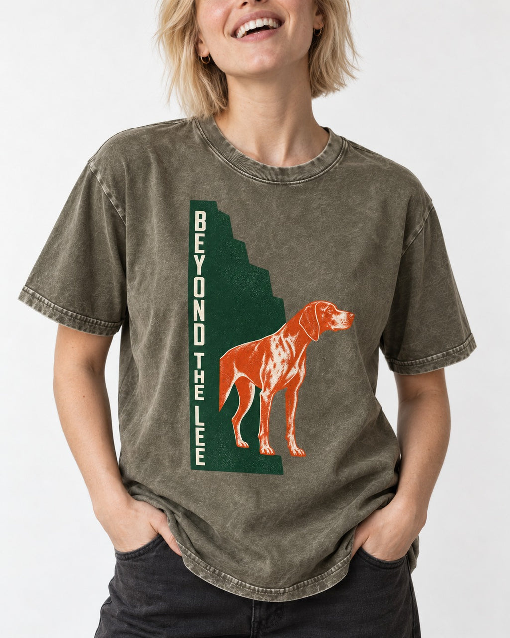 German Shorthaired Pointer Beyond the Lee Monument Graphic Washed Tee in Army Green, worn by a model, front view