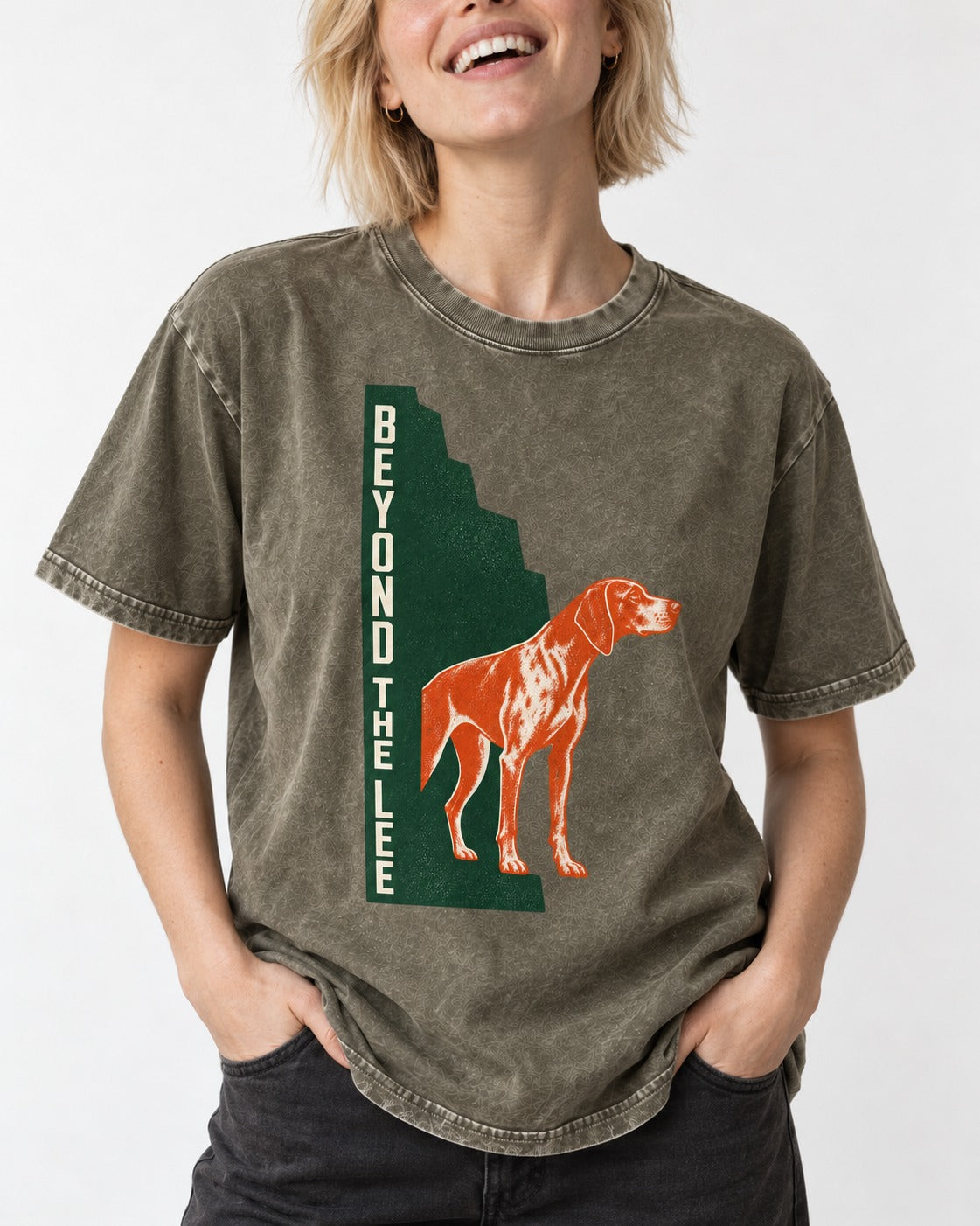 German Shorthaired Pointer Beyond the Lee Monument Graphic Washed Tee in Army Green, worn by a model, front view