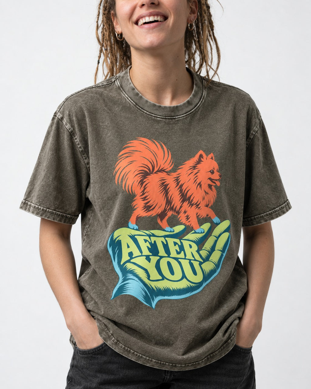 Pomeranian After You Helping Hand Graphic Washed Tee in Army Green, worn by a model, front view
