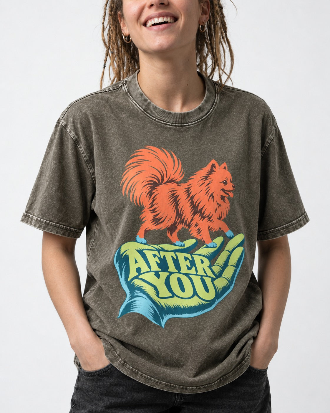 Pomeranian After You Helping Hand Graphic Washed Tee in Army Green, worn by a model, front view