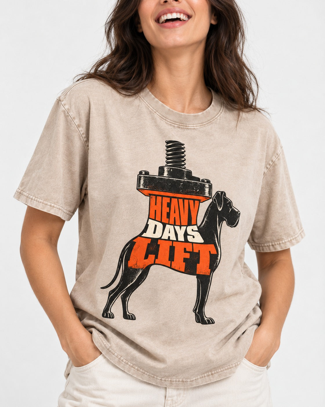 Great Dane Heavy Days Lift Washed Tee in Apricot, worn by a model, front view