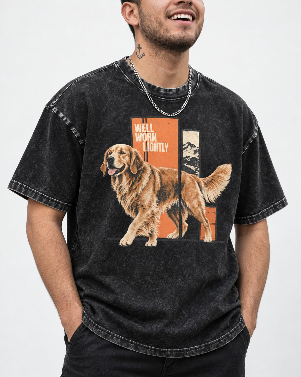 Golden Retriever Well Worn Lightly Mountain Graphic Washed Tee in Black, worn by a model, front view