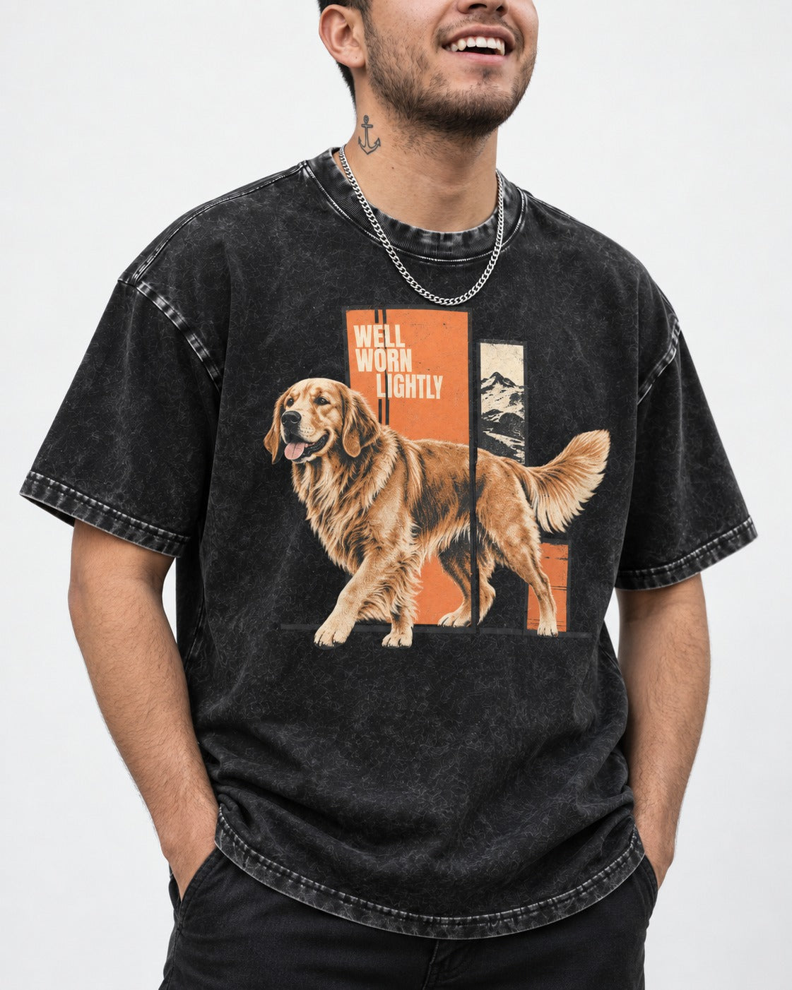 Golden Retriever Well Worn Lightly Mountain Graphic Washed Tee in Black, worn by a model, front view