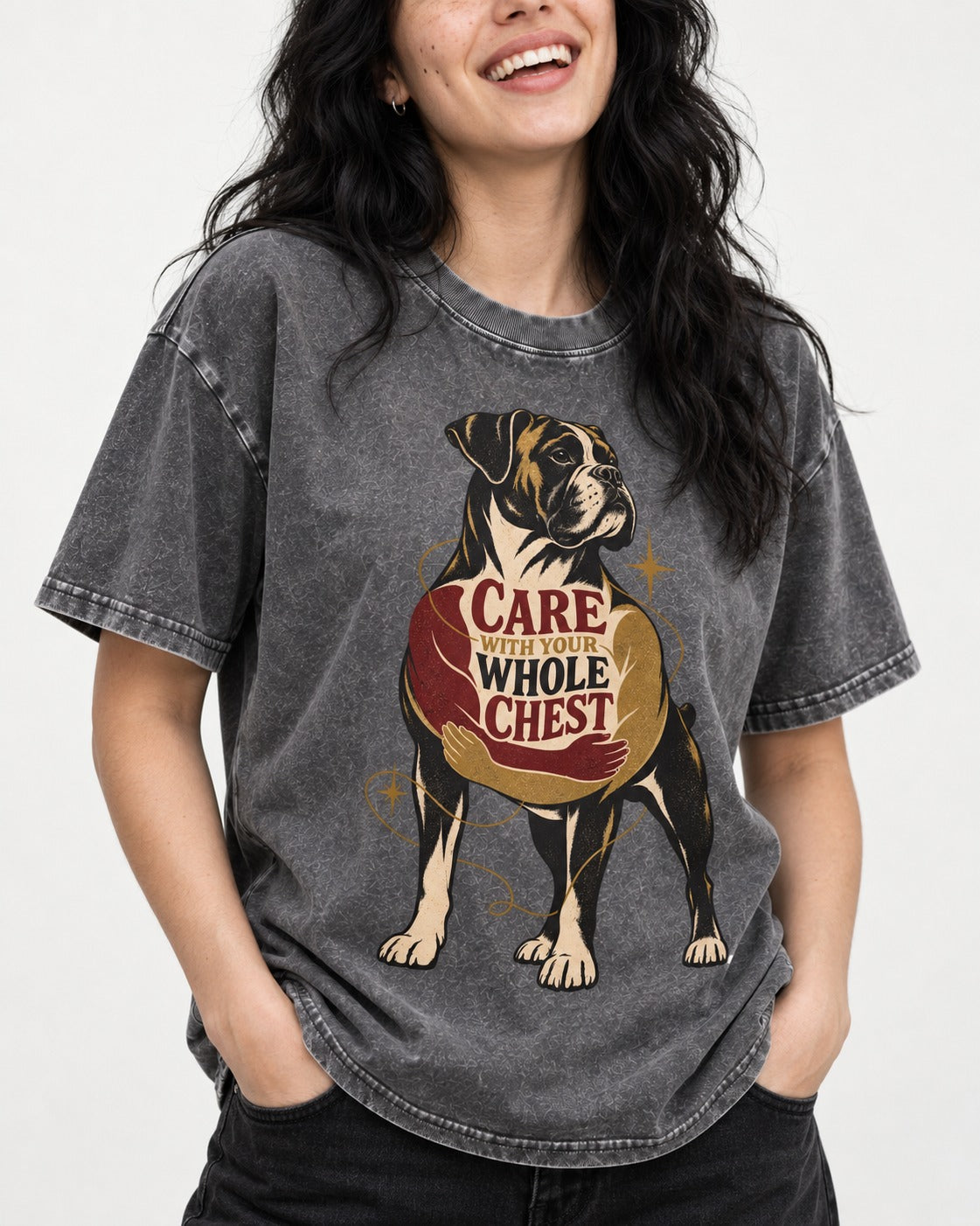 Boxer Care With Your Whole Chest Washed Tee in Gray, worn by a model, front view