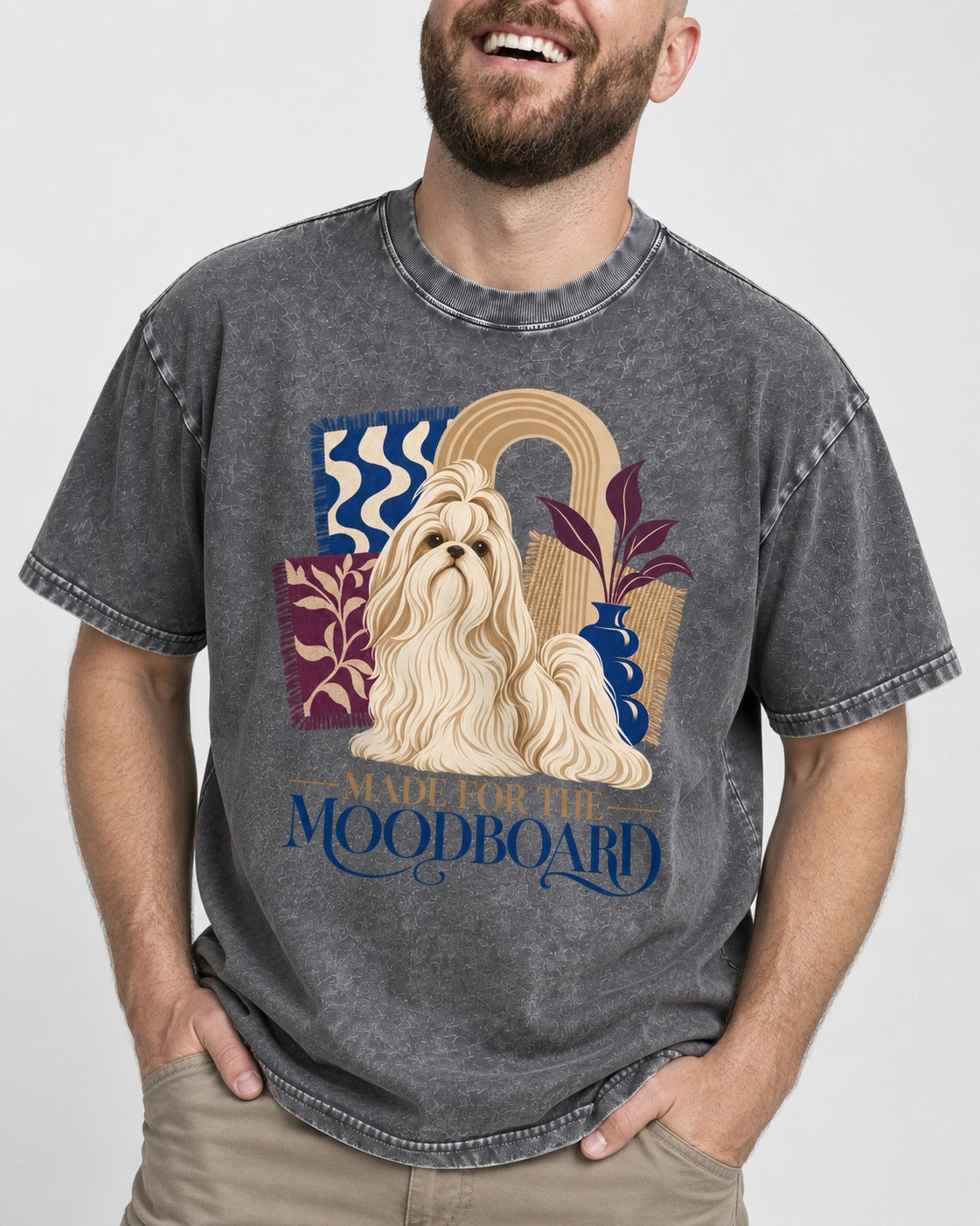 Shih Tzu Made for the Moodboard Boho Interior Graphic Washed Tee in Gray, worn by a model, front view