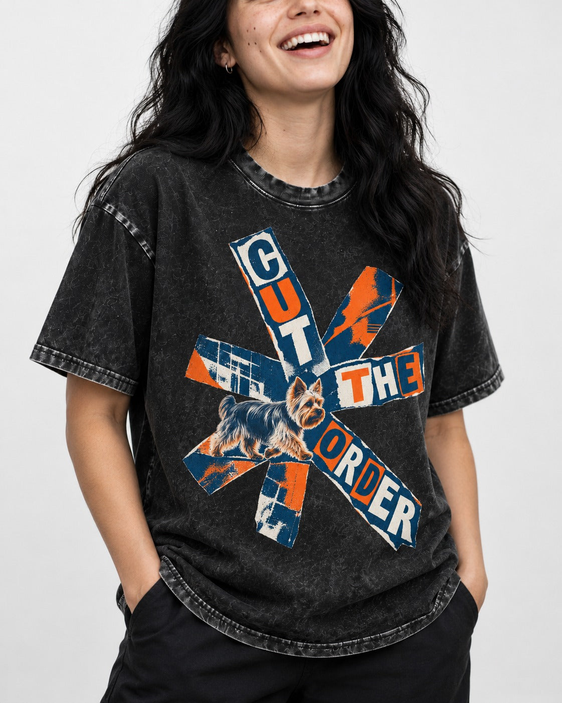 Yorkshire Terrier Cut the Order Radial Collage Graphic Washed Tee in Black, worn by a model, front view