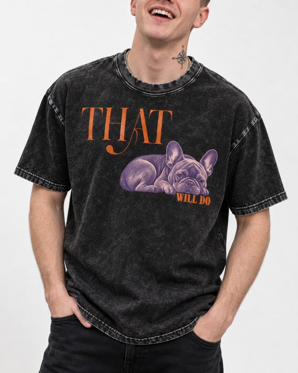 Frenchie That Will Do Resting Graphic Washed Tee in Black, worn by a model, front view