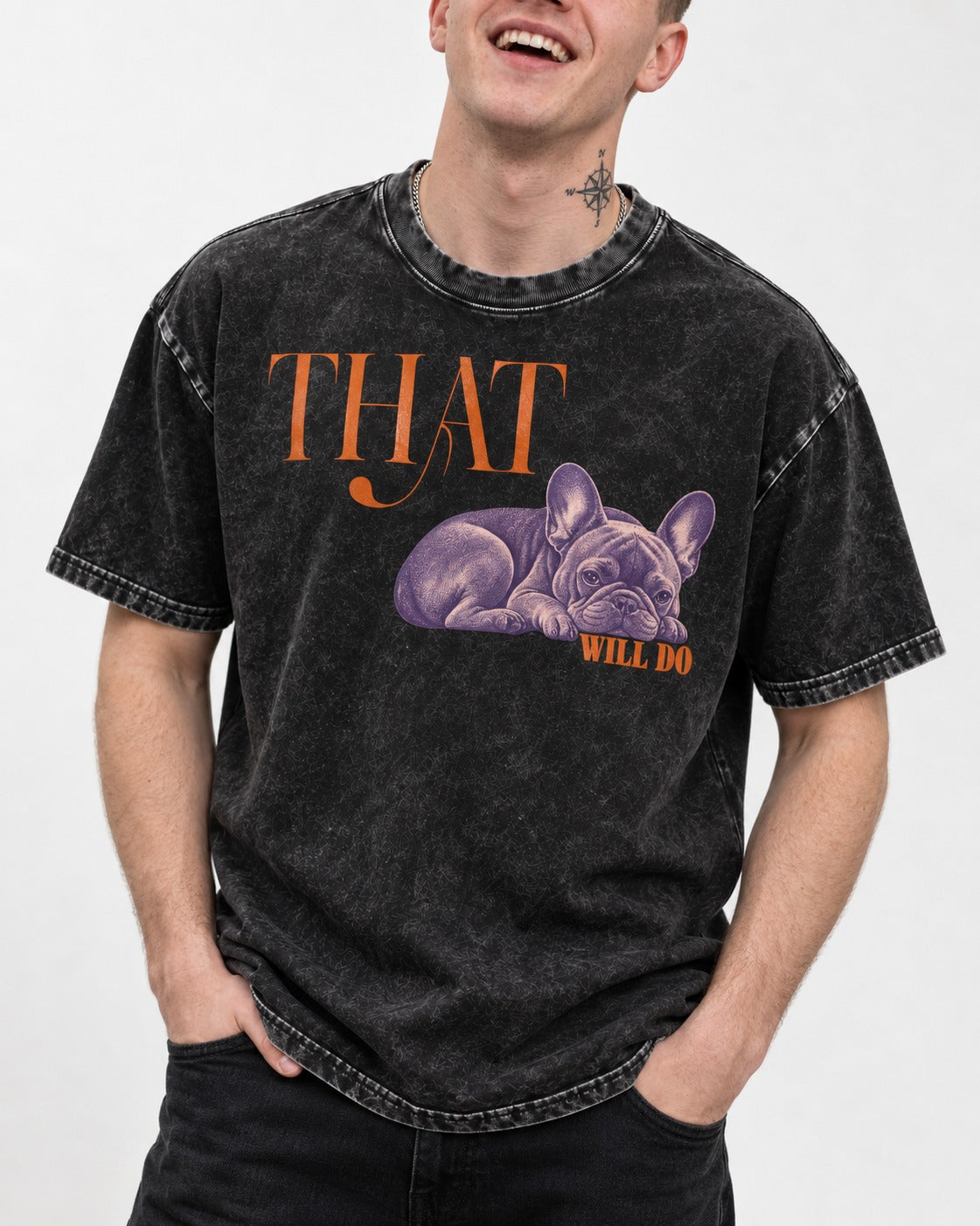 Frenchie That Will Do Resting Graphic Washed Tee in Black, worn by a model, front view