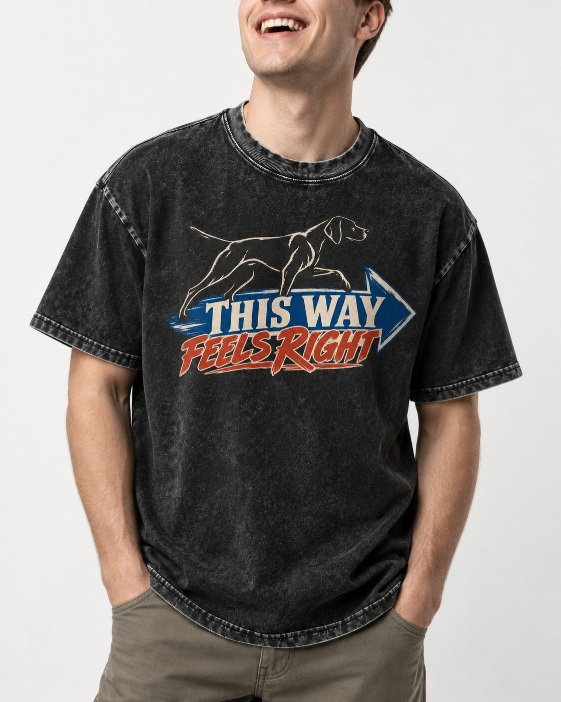 This Way Feels Right Arrow German Shorthaired Pointer Graphic Washed Tee in Black, worn by a model, front view