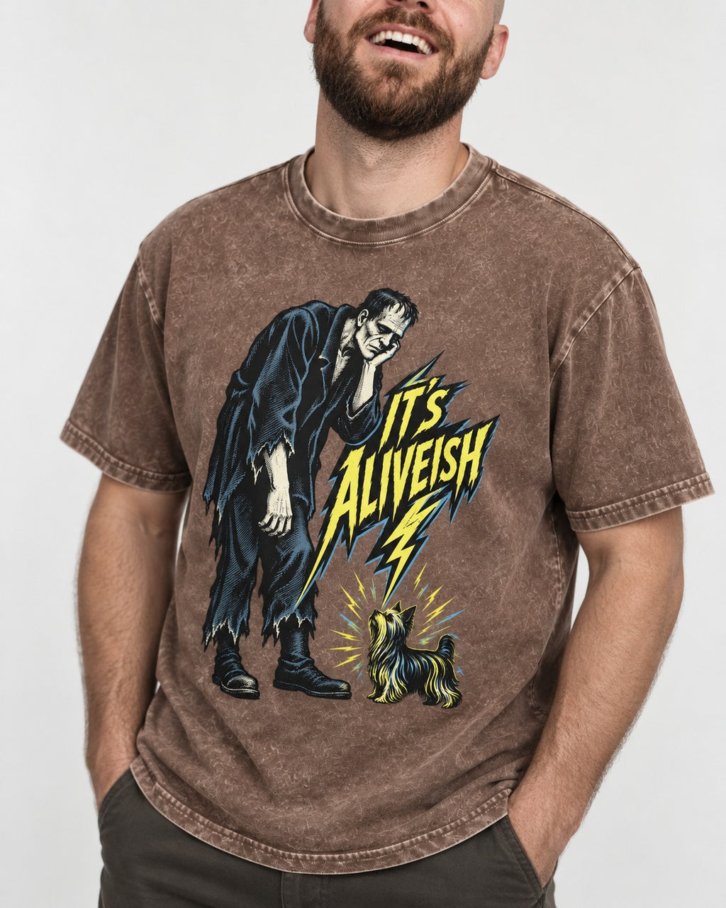 It's Aliveish Yorkshire Terrier Washed Tee in Coffee, worn by a model, front view