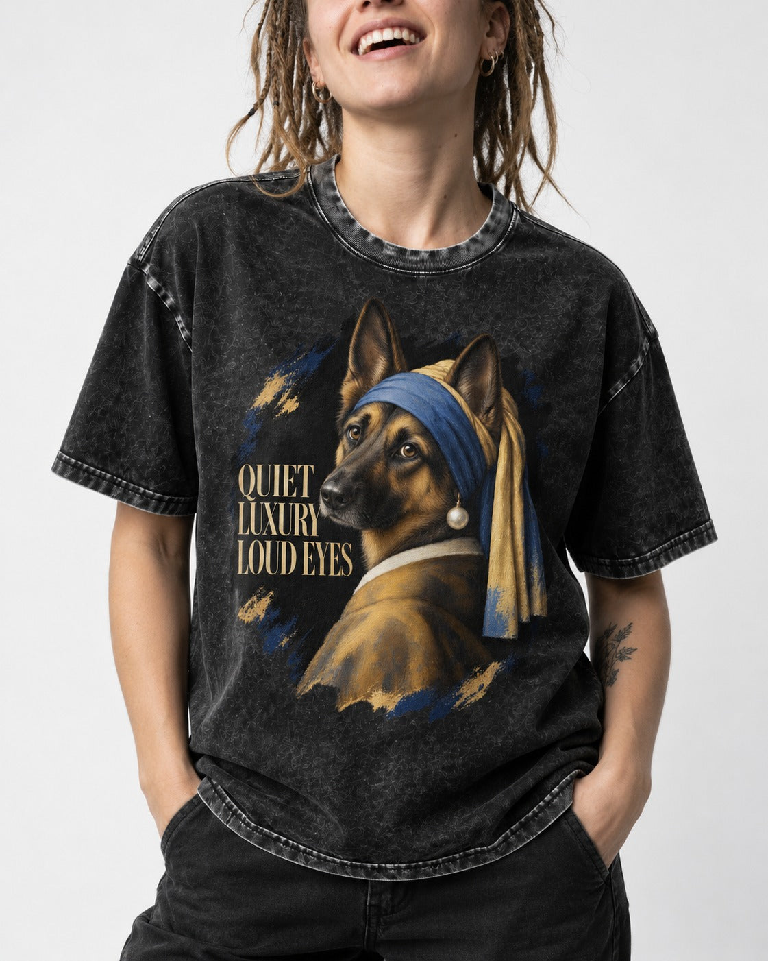 German Shepherd Dog Quiet Luxury Loud Eyes Pearl Portrait Washed Tee in Black, worn by a model, front view