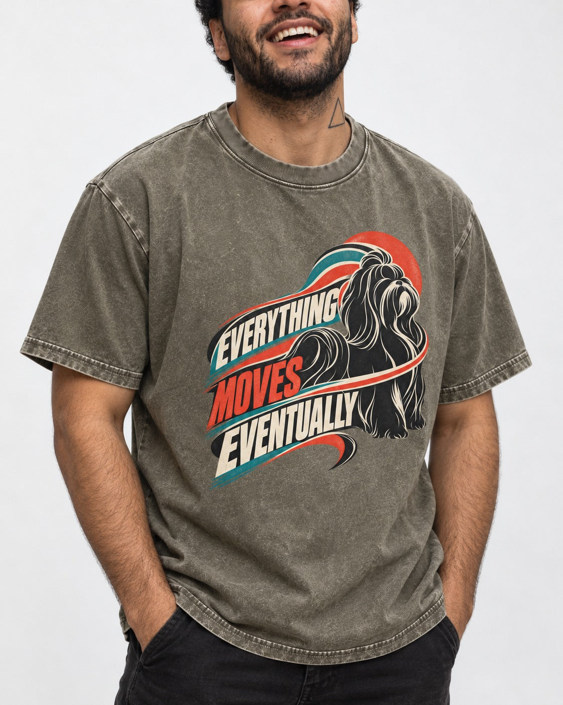 Shih Tzu Everything Moves Eventually Retro Speed Graphic Washed Tee in Army Green, worn by a model, front view