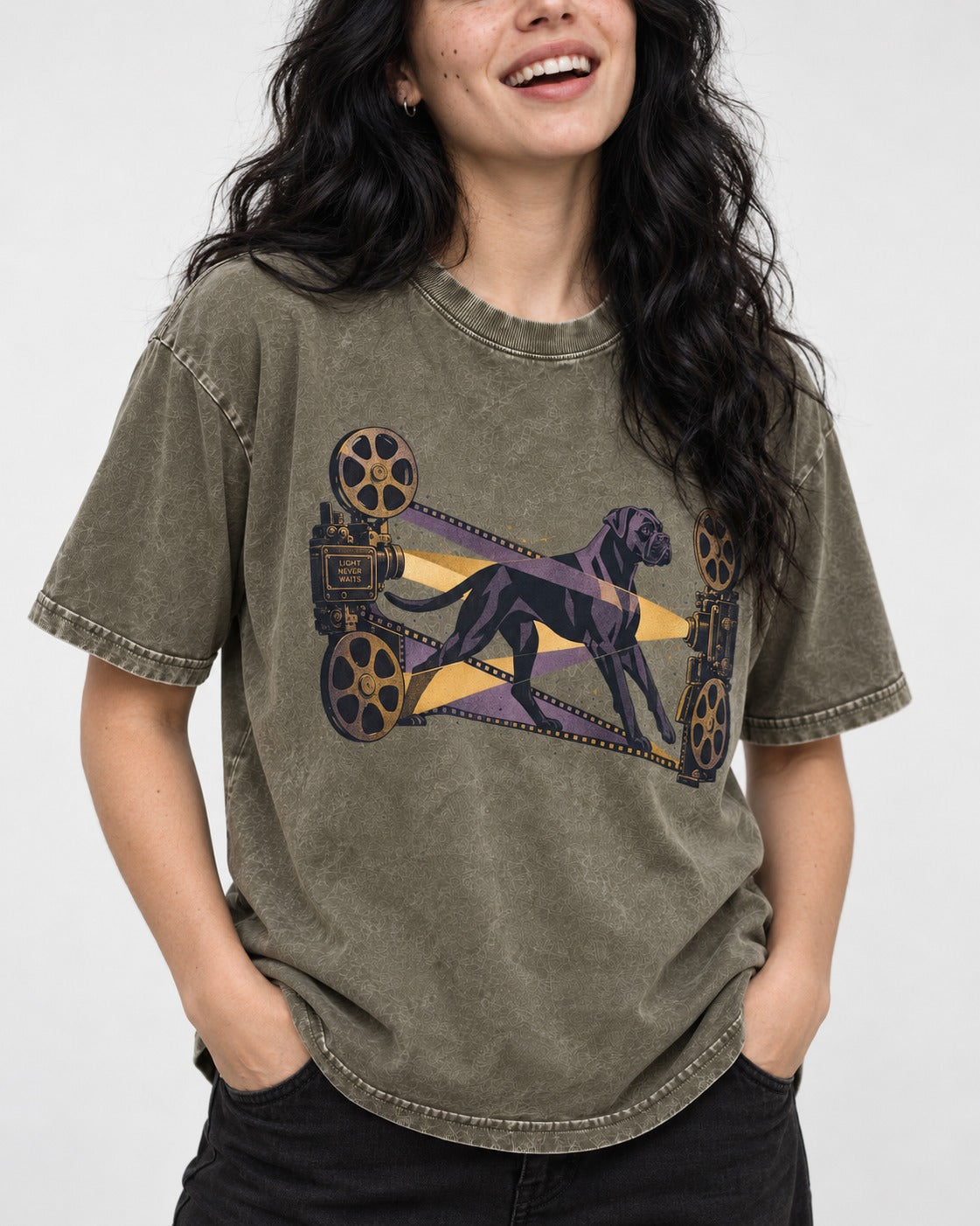 Light Never Waits Boxer Cinema Graphic Washed Tee in Army Green, worn by a model, front view