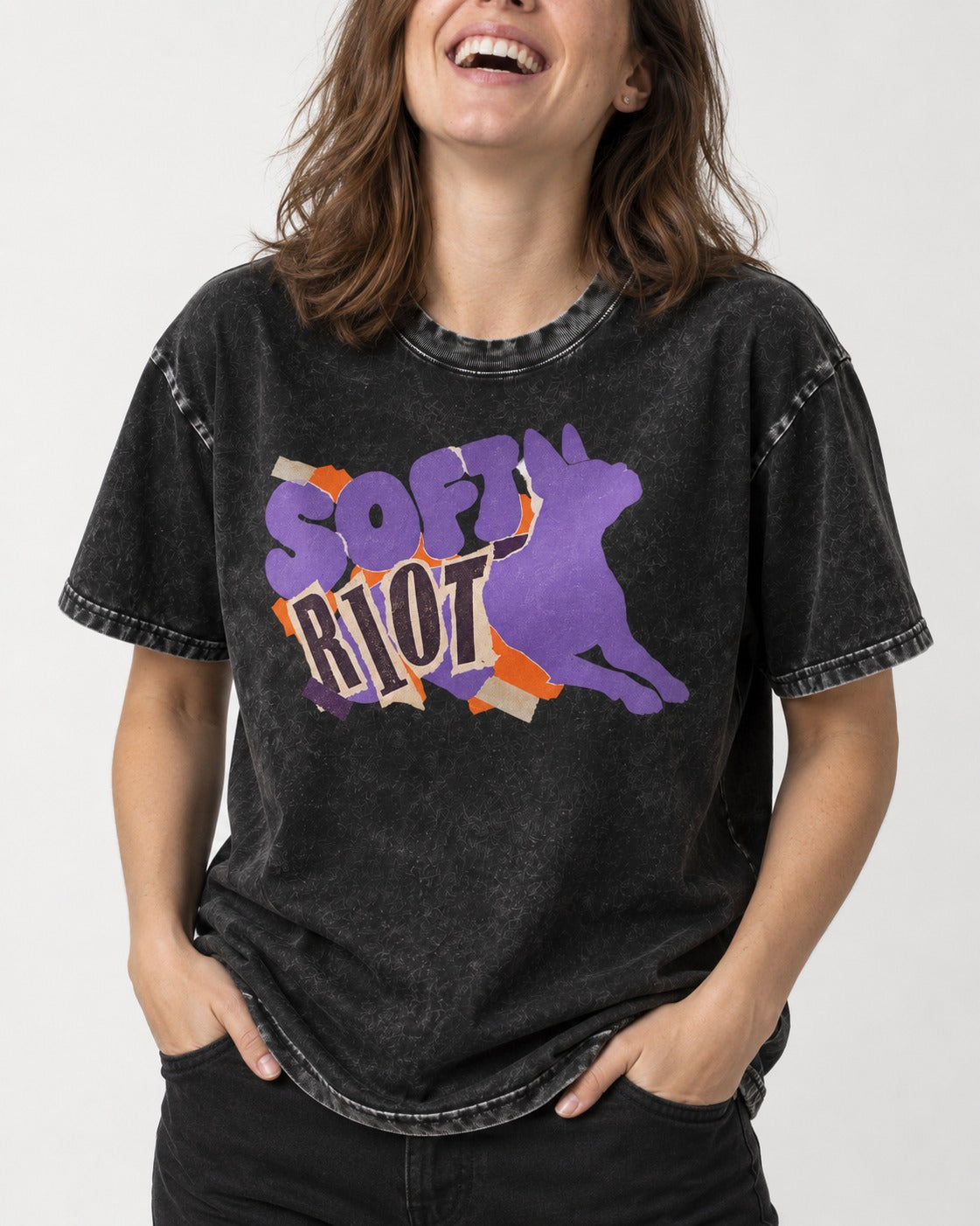 Soft Riot Boston Terrier Graphic Washed Tee in Black, worn by a model, front view