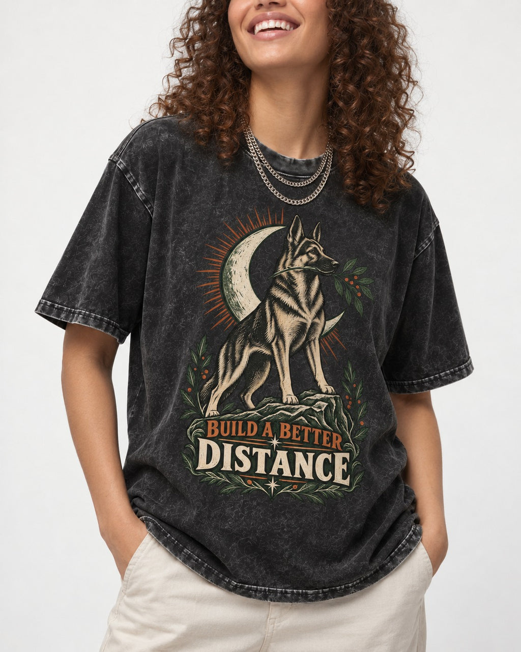 Build A Better Distance Moon Woodcut German Shepherd Dog Graphic Washed Tee in Black, worn by a model, front view