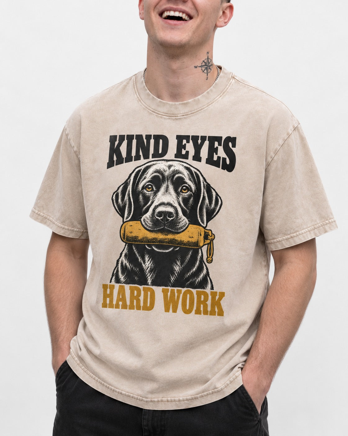 Kind Eyes Hard Work Labrador Retriever Washed Tee in Apricot, worn by a model, front view