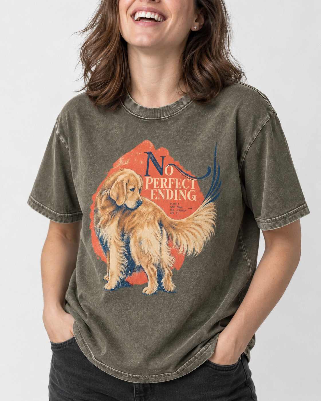 Golden Retriever No Perfect Ending Misregistration Graphic Washed Tee in Army Green, worn by a model, front view