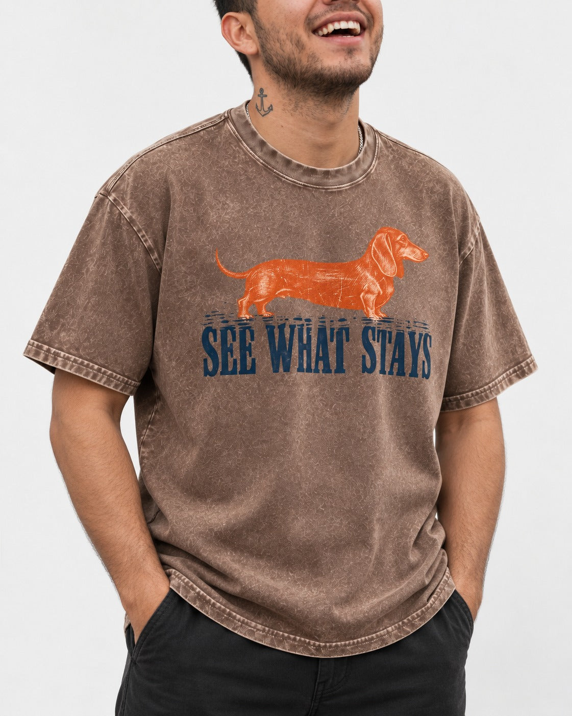 Dachshund See What Stays Washed Tee in Coffee, worn by a model, front view