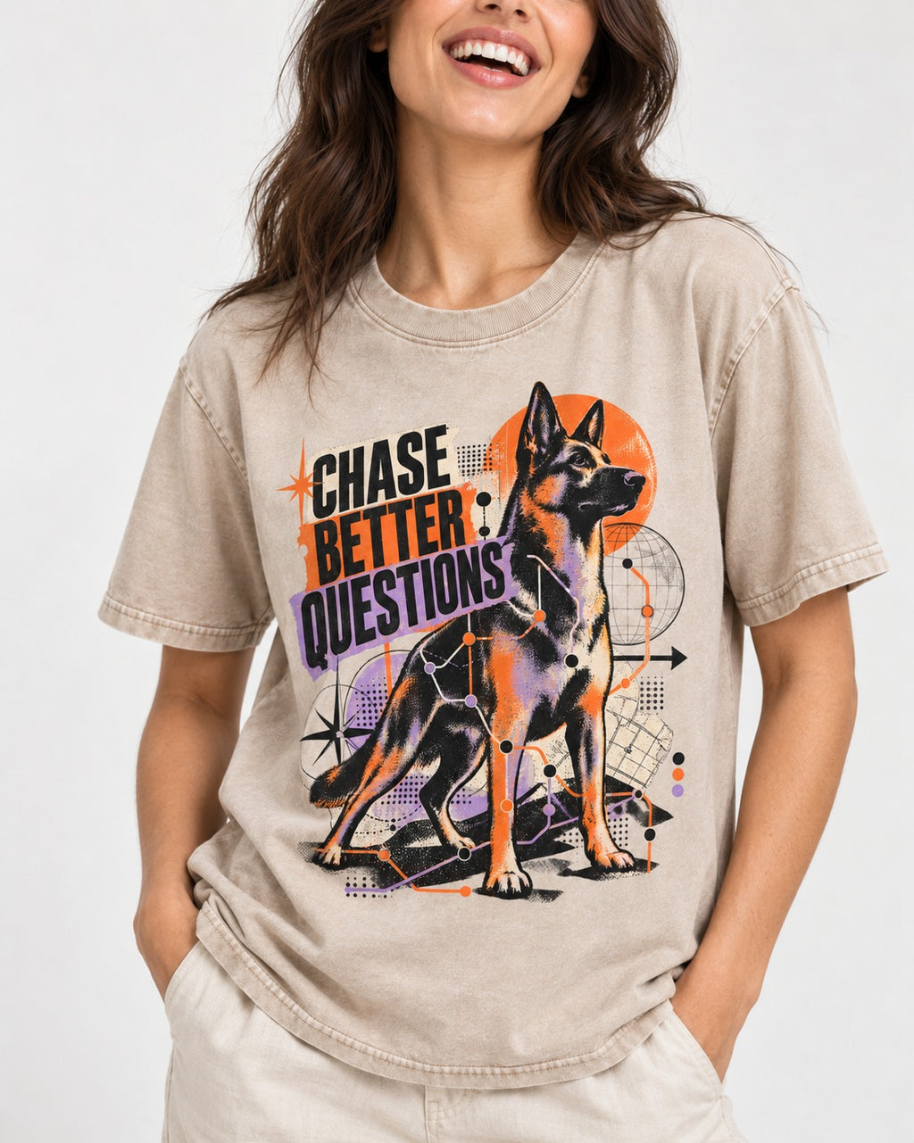 Chase Better Questions German Shepherd Dog Washed Tee in Apricot, worn by a model, front view