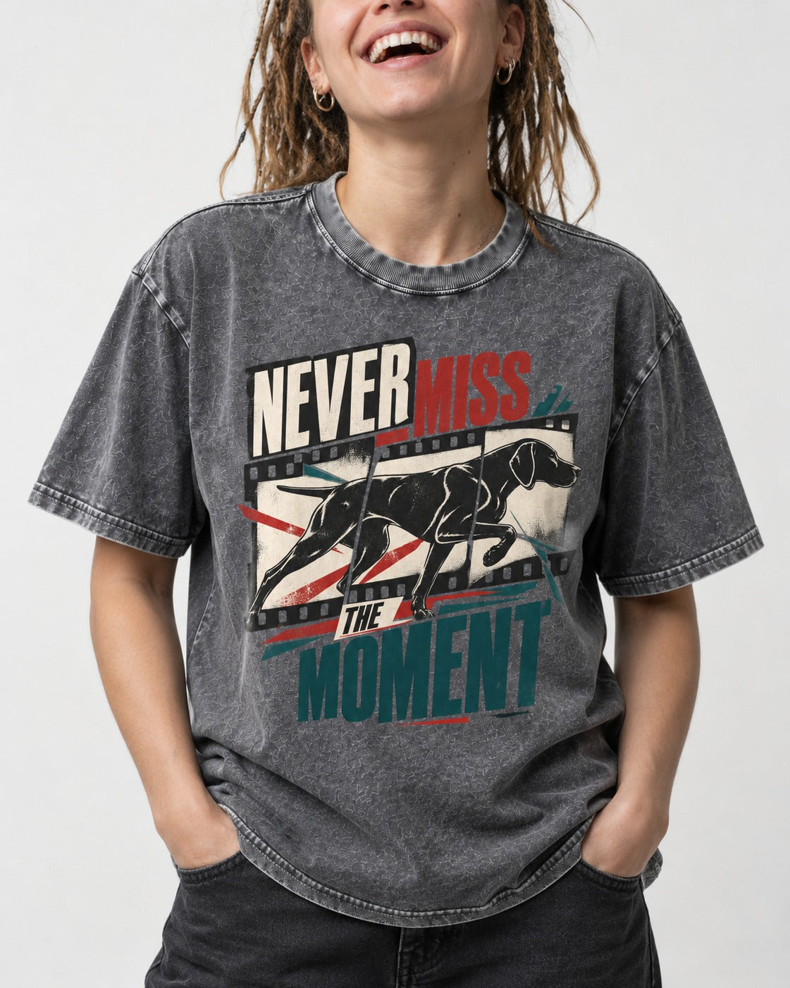 German Shorthaired Pointer Never Miss the Moment Filmstrip Graphic Washed Tee in Gray, worn by a model, front view