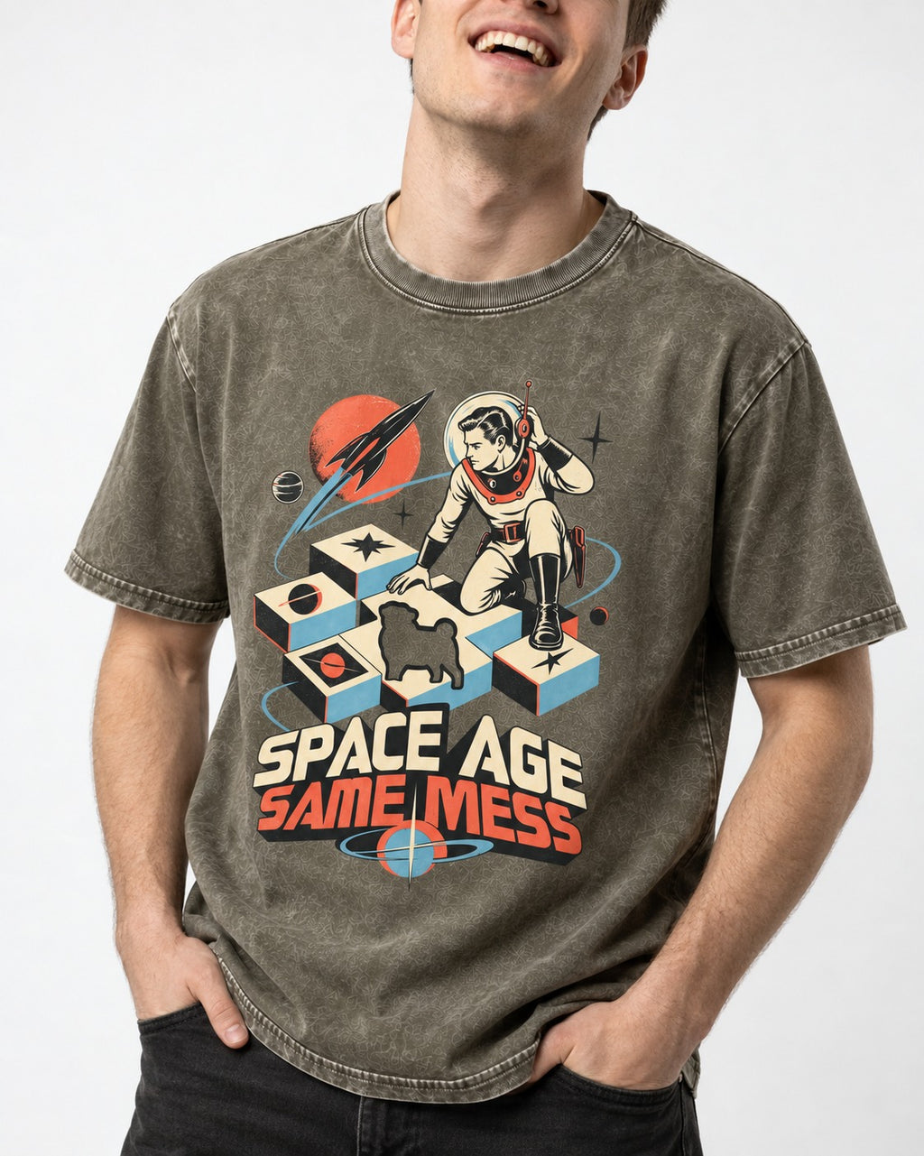 Pug Space Age Same Mess Astronaut Graphic Washed Tee in Army Green, worn by a model, front view