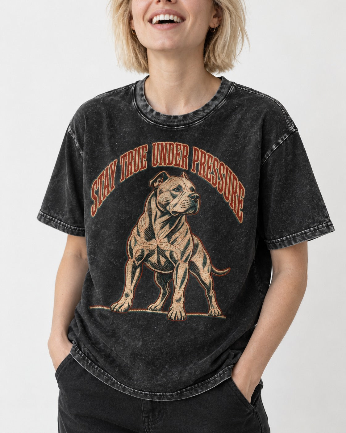 Pitbull Stay True Under Pressure Stance Graphic Washed Tee in Black, worn by a model, front view