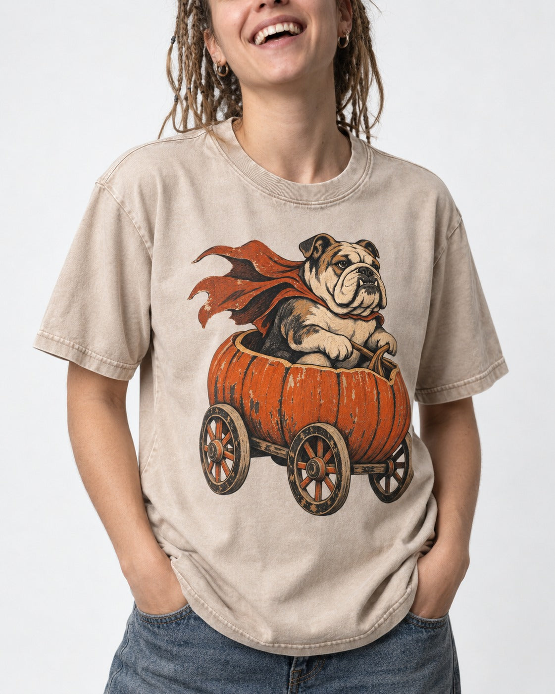 English Bulldog Midnight Magic Washed Tee in Apricot, worn by a model, front view