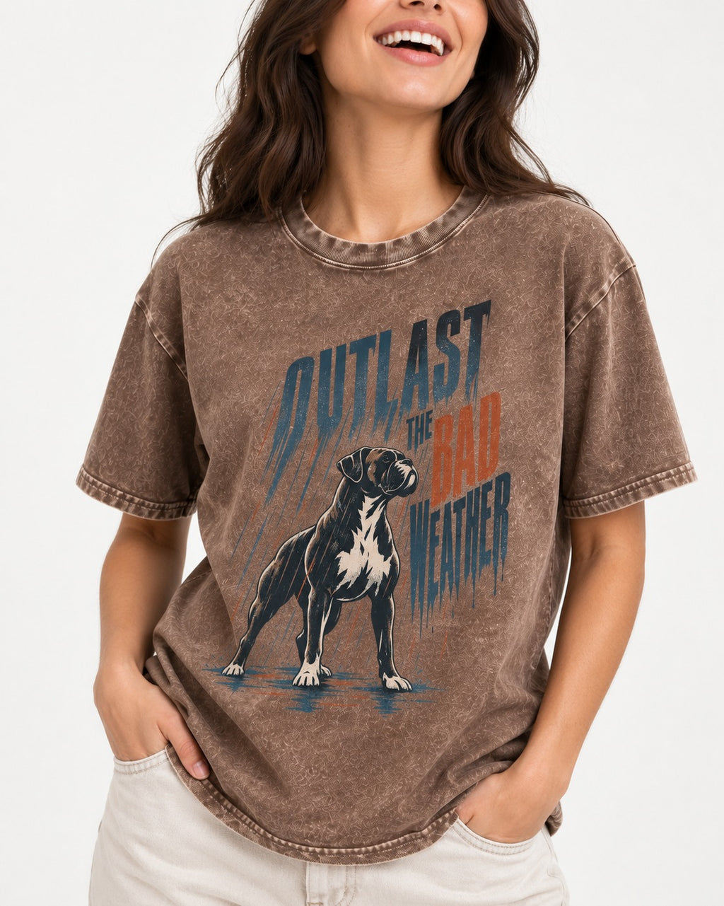 Boxer Outlast the Bad Weather Washed Tee in Coffee, worn by a model, front view