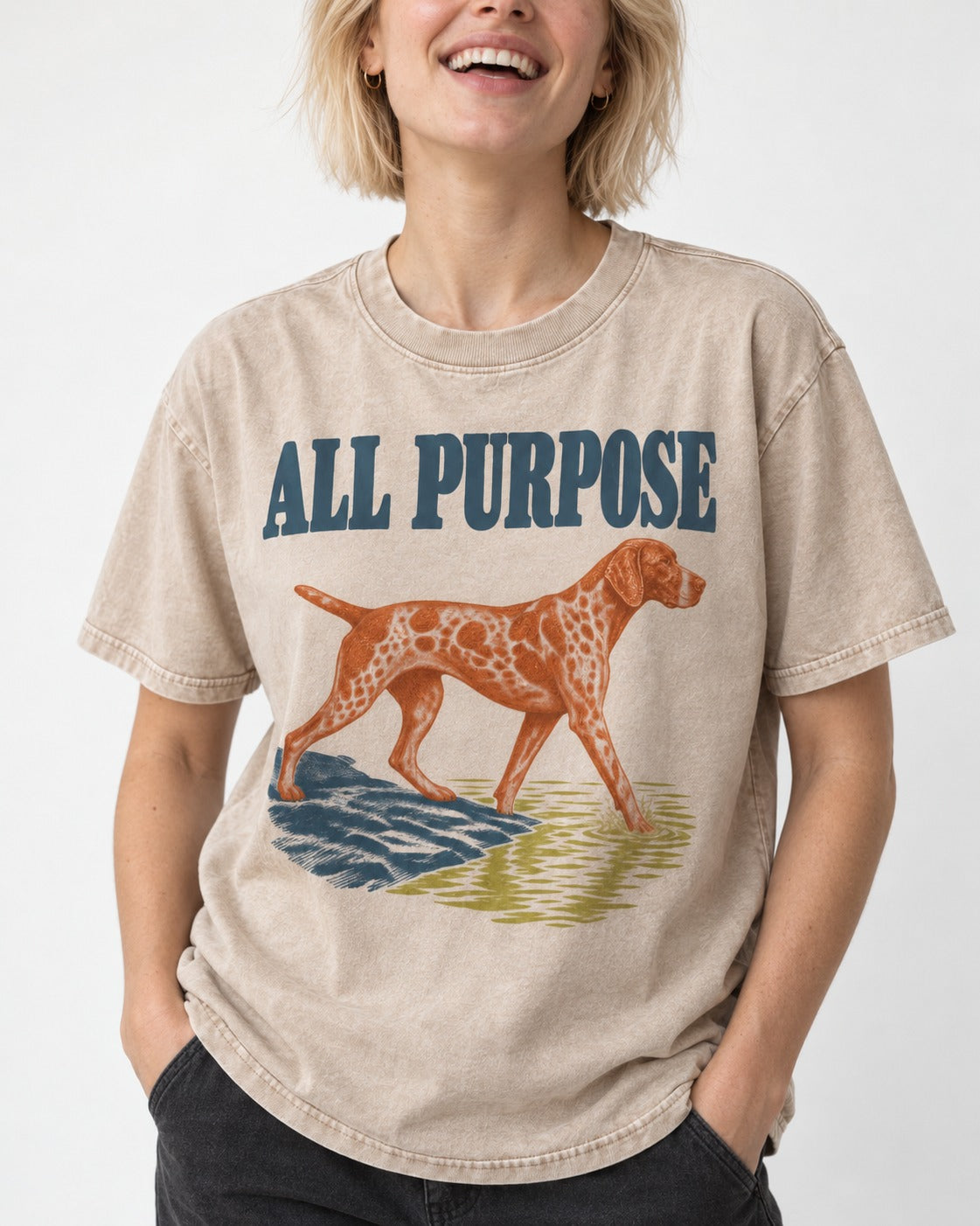 German Shorthaired Pointer All Purpose Field Graphic Washed Tee in Apricot, worn by a model, front view