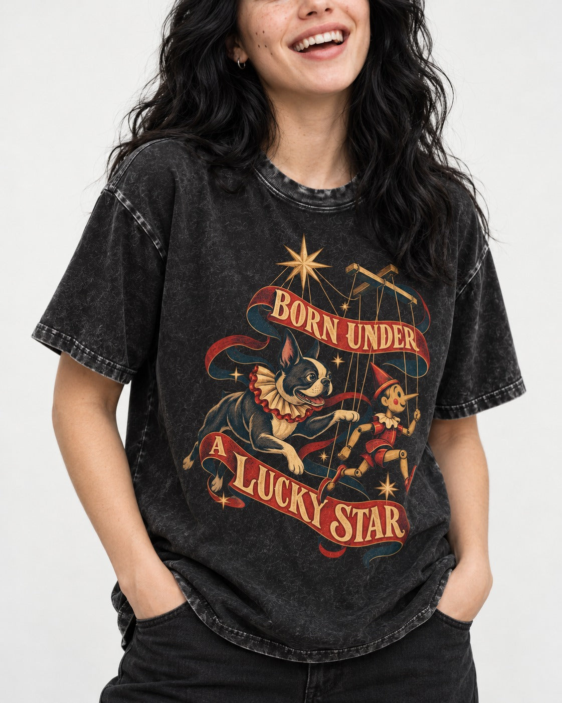 Born Under a Lucky Star Boston Terrier Washed Tee in Black, worn by a model, front view