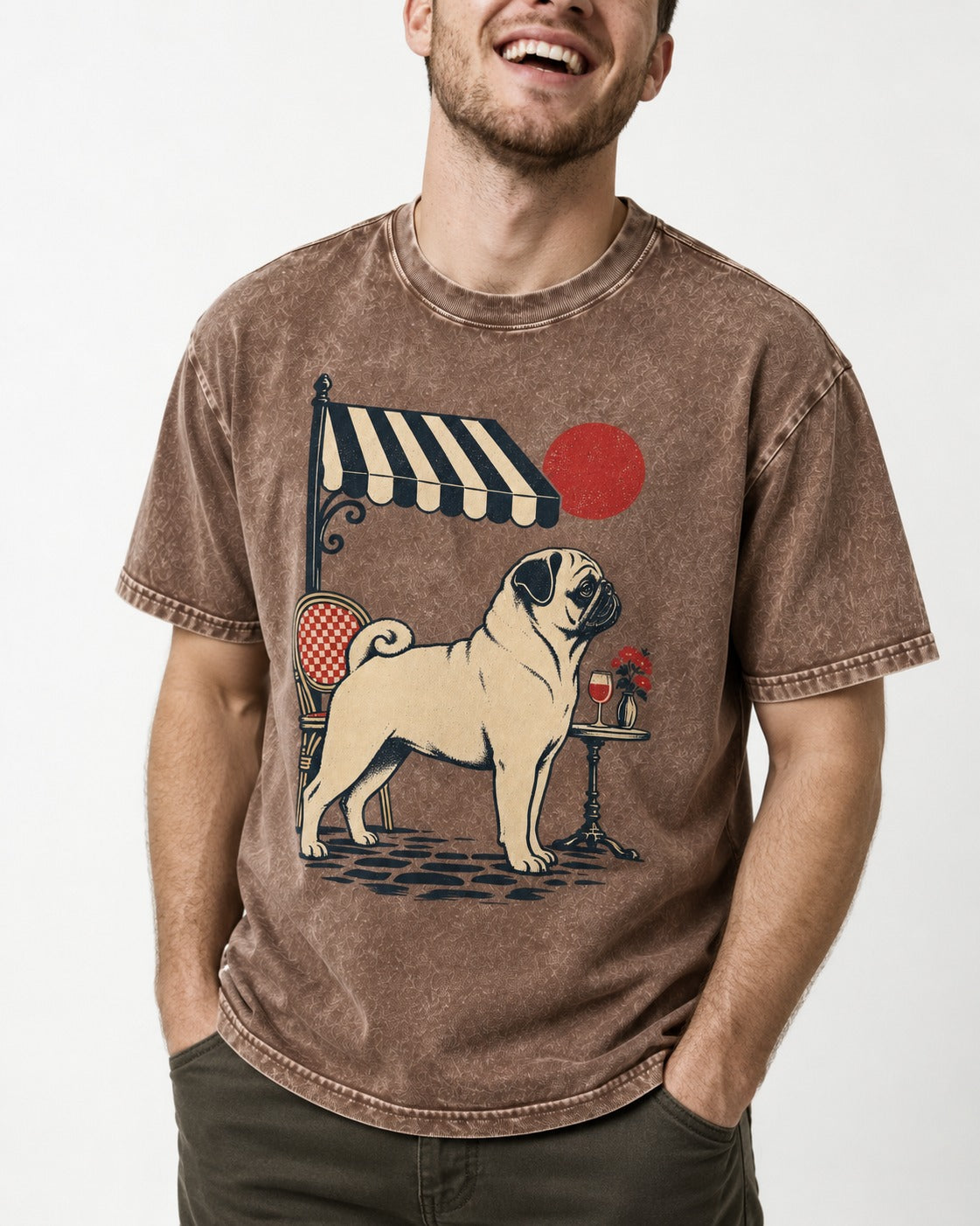Pug Joie De Vivre Washed Tee in Coffee, worn by a model, front view