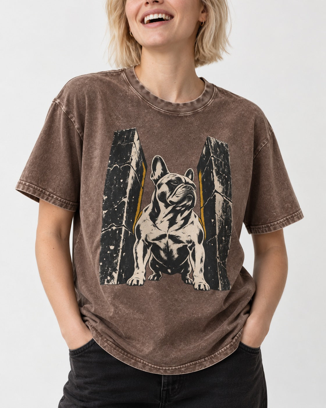 Frenchie Unbreakable Washed Tee in Coffee, worn by a model, front view