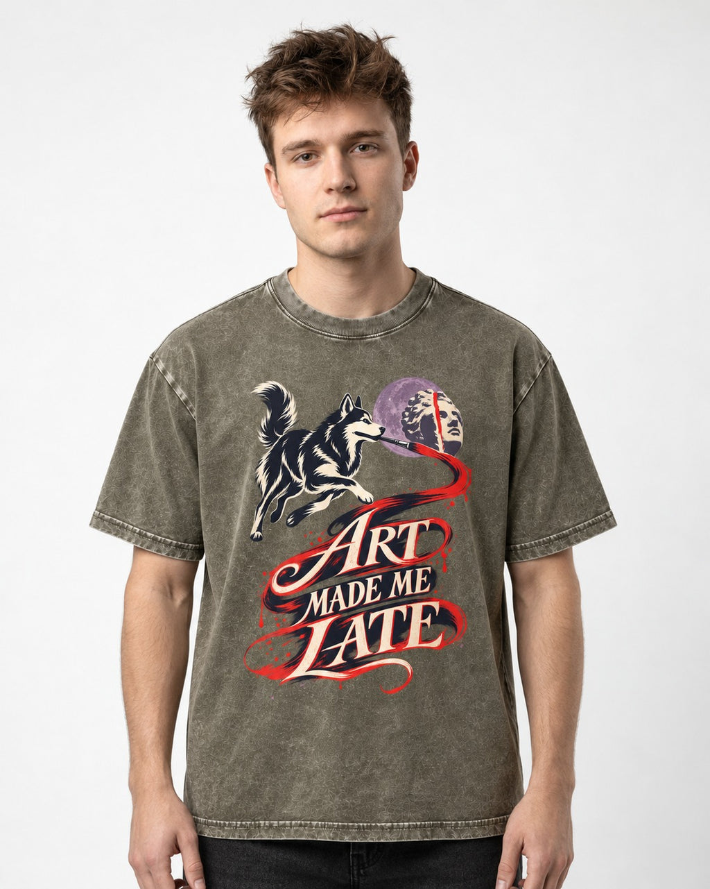 Husky Art Made Me Late Paintbrush Graphic Washed Tee in Army Green, worn by a model