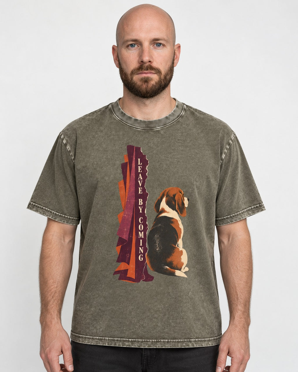Leave By Coming Beagle Companion Washed Tee in Army Green, worn by a model