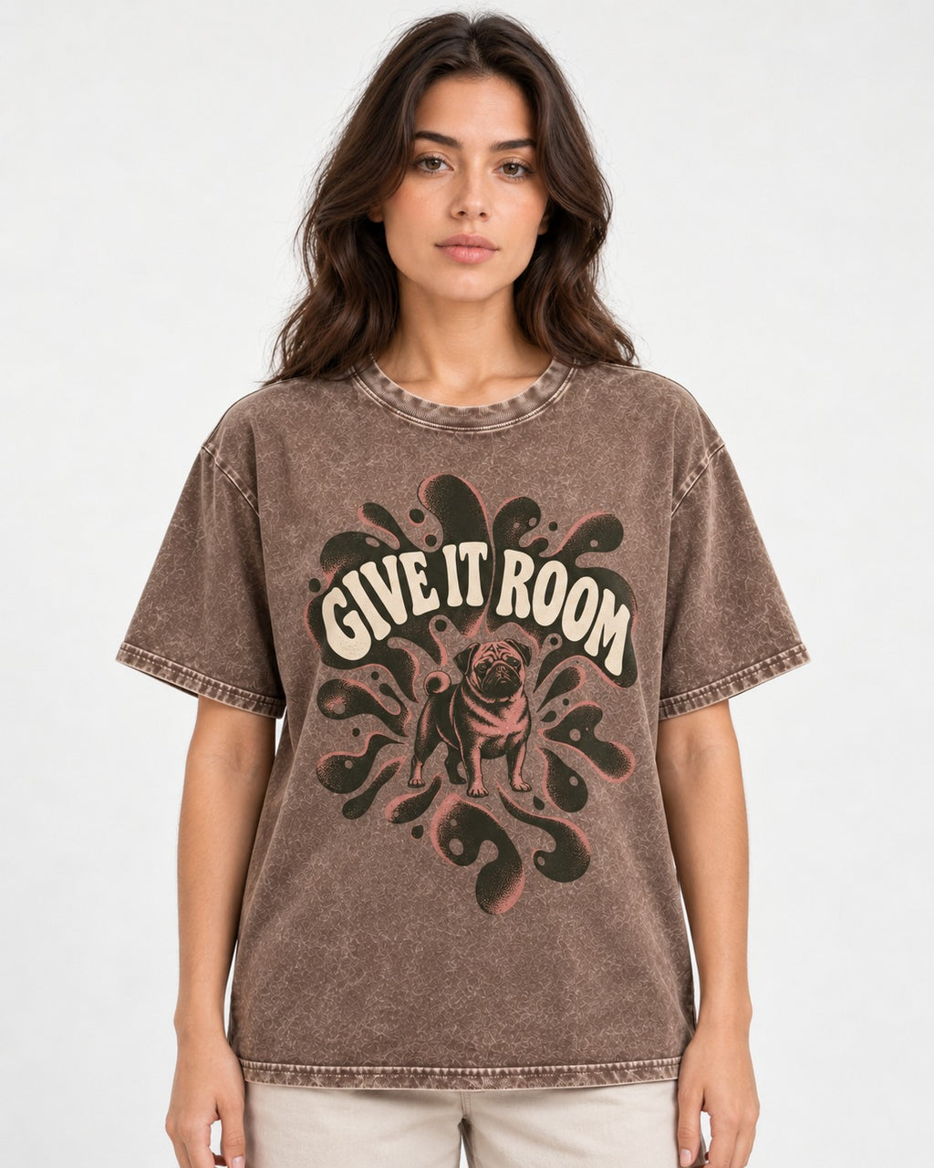 Give Pug Room Washed Tee in Coffee, worn by a model