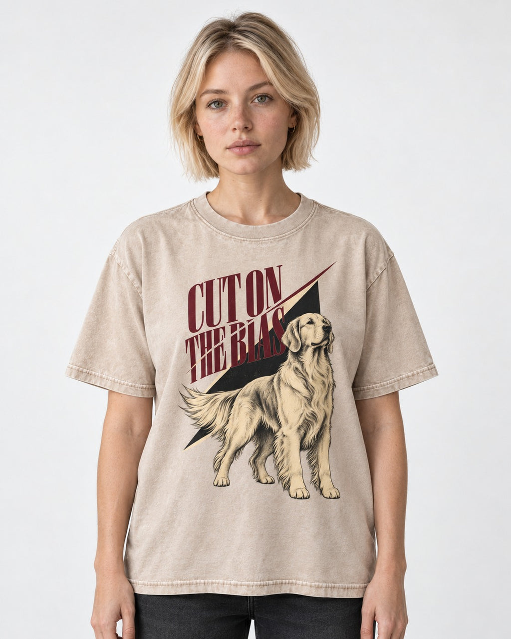 Cut on the Bias Golden Retriever Washed Tee in Apricot, worn by a model