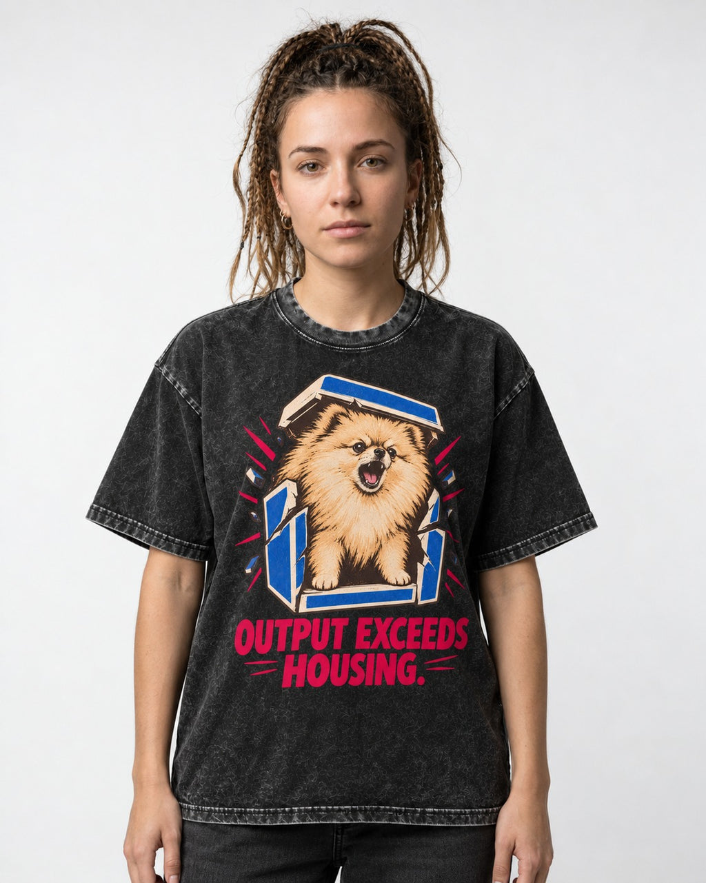 Pomeranian Output Exceeds Housing Bark Compression Graphic Washed Tee in Black, worn by a model