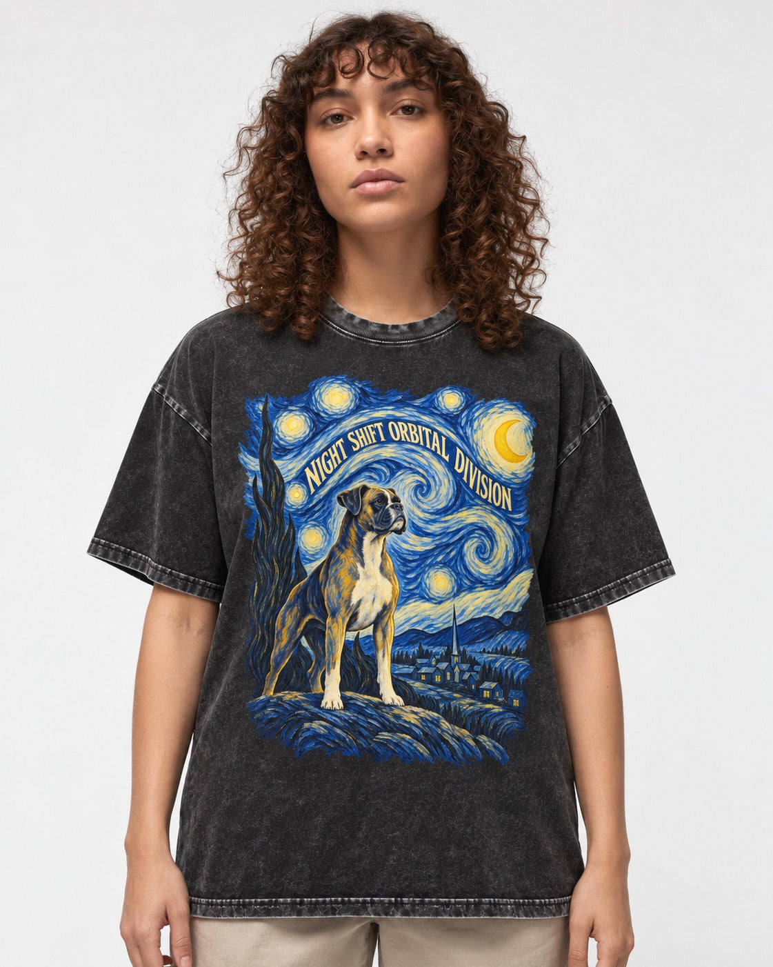Night Shift Orbital Division Boxer Night Sky Graphic Washed Tee in Black, worn by a model
