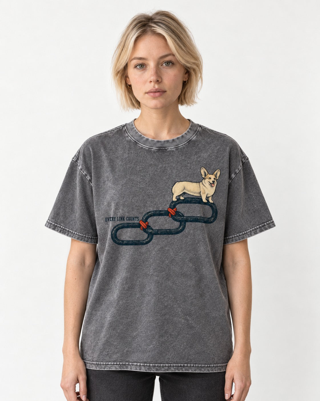 Every Corgi Link Counts Washed Tee in Gray, worn by a model