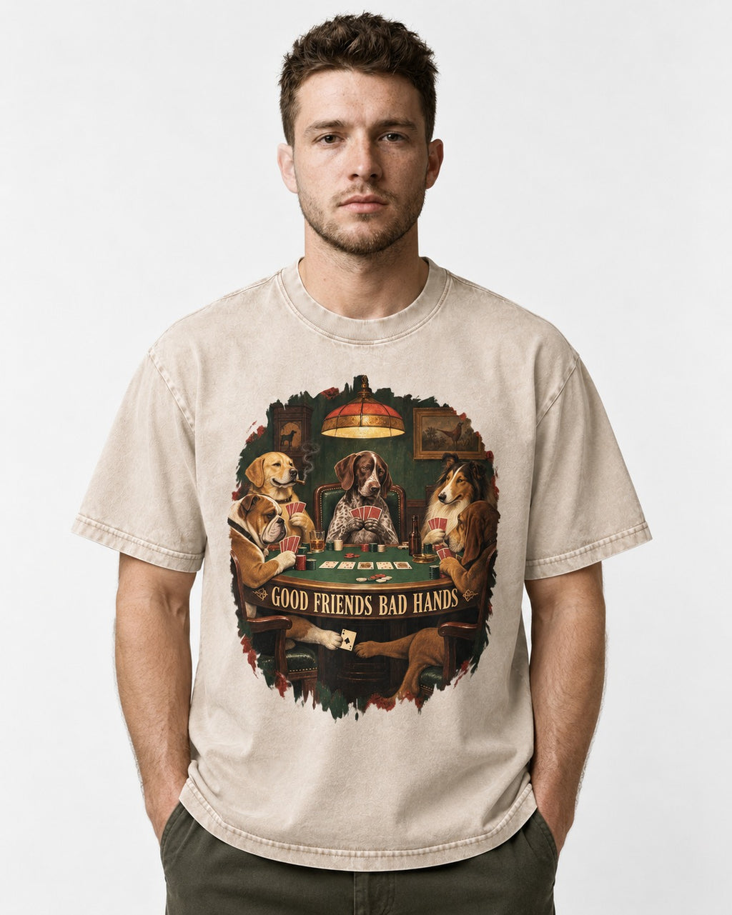 German Shorthaired Pointer Good Friends Bad Hands Poker Night Graphic Washed Tee in Apricot, worn by a model