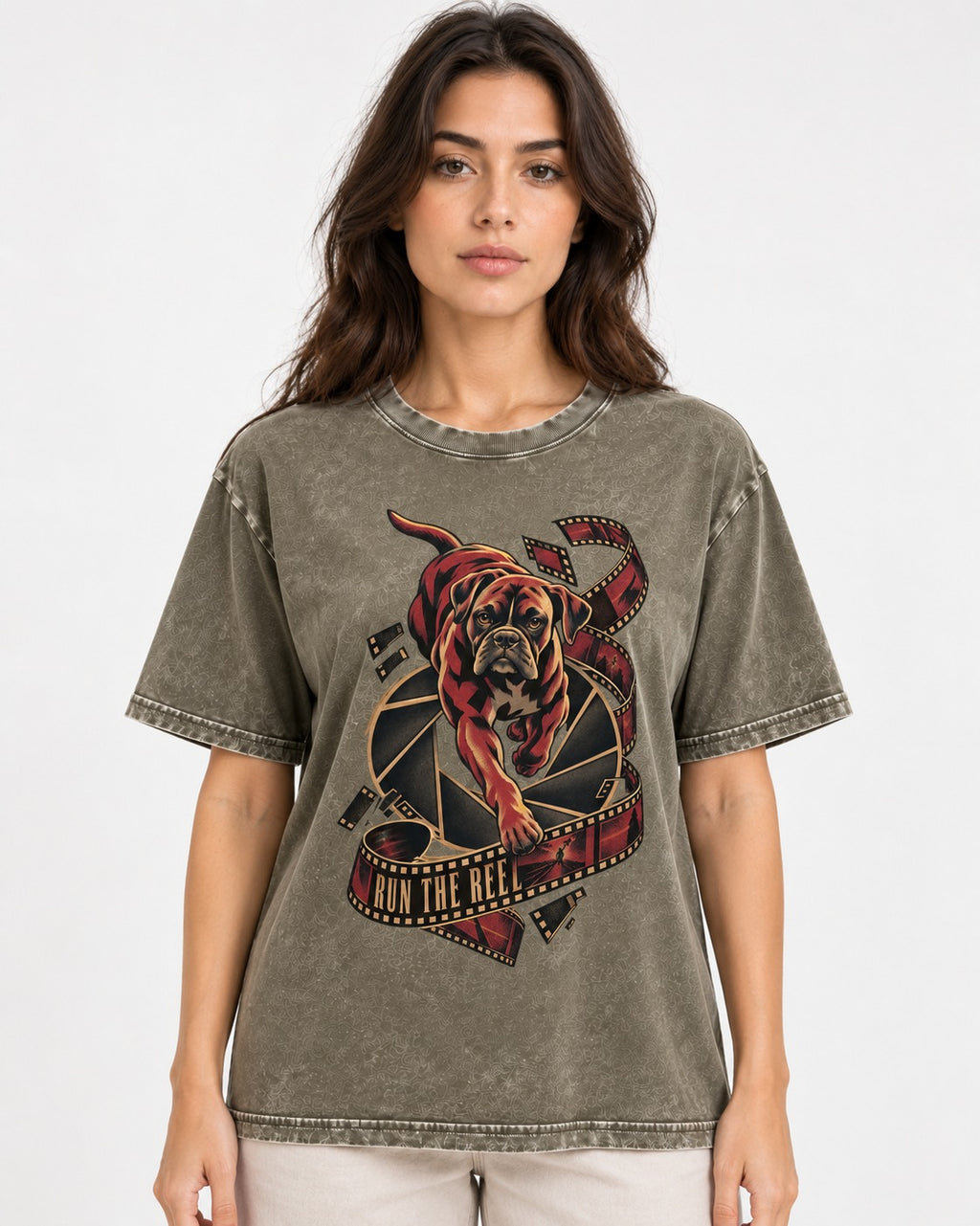 Run the Reel Boxer Film Graphic Washed Tee in Army Green, worn by a model