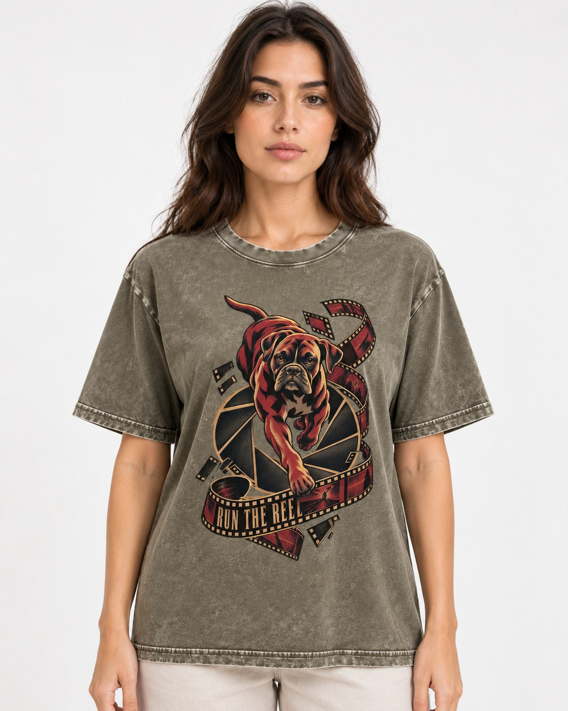 Run the Reel Boxer Film Graphic Washed Tee in Army Green, worn by a model
