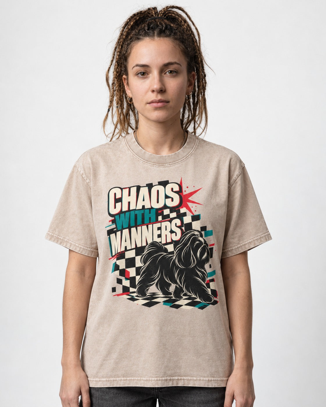 Shih Tzu Chaos with Manners Checkerboard Graphic Washed Tee in Apricot, worn by a model