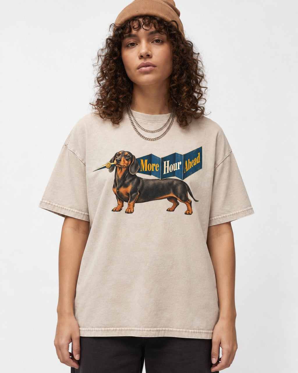 Dachshund More Hour Ahead Foldout Banner Graphic Washed Tee in Apricot, worn by a model